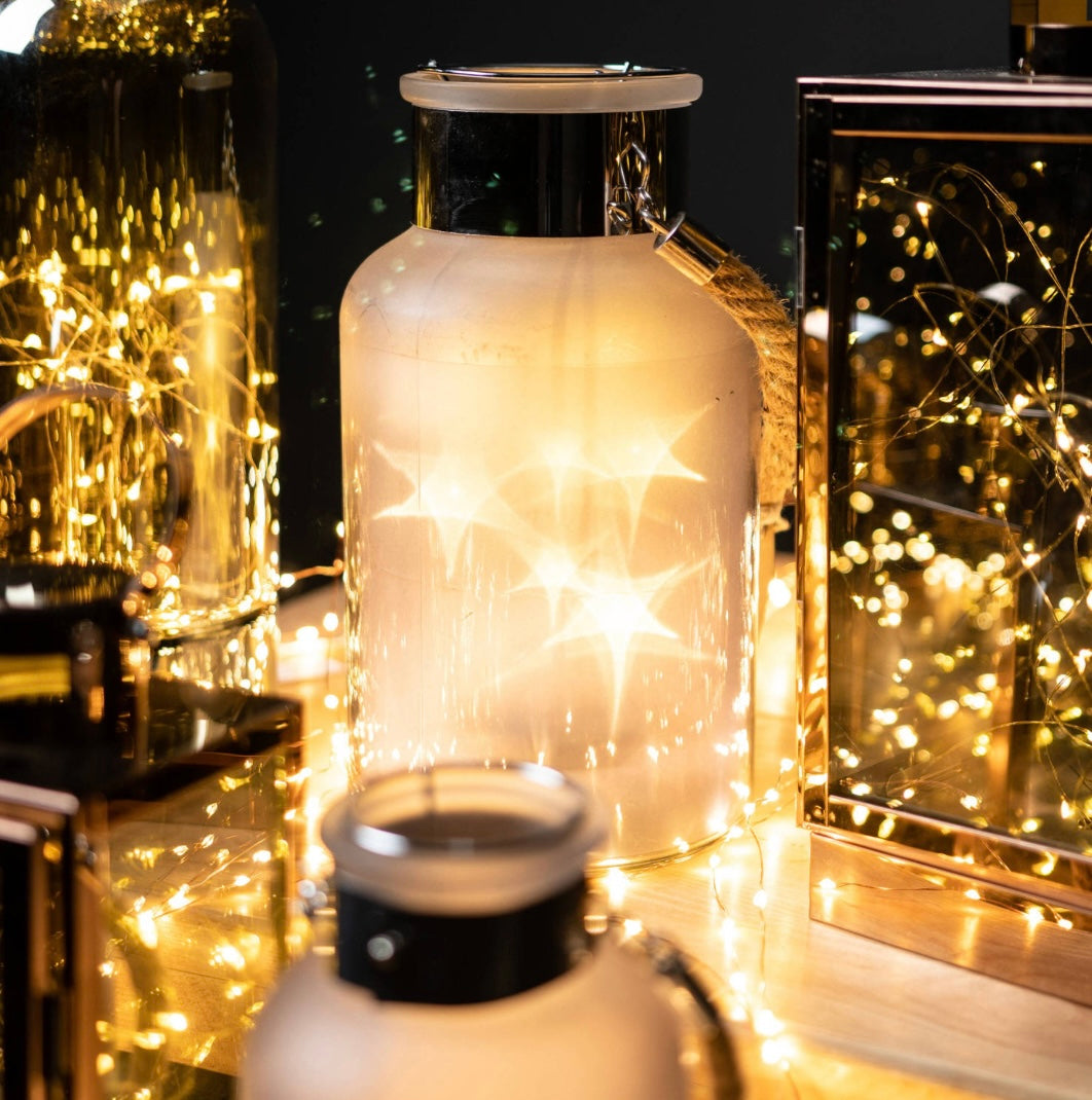 Frosted Grey Glass Lantern with Rope Detail and LED