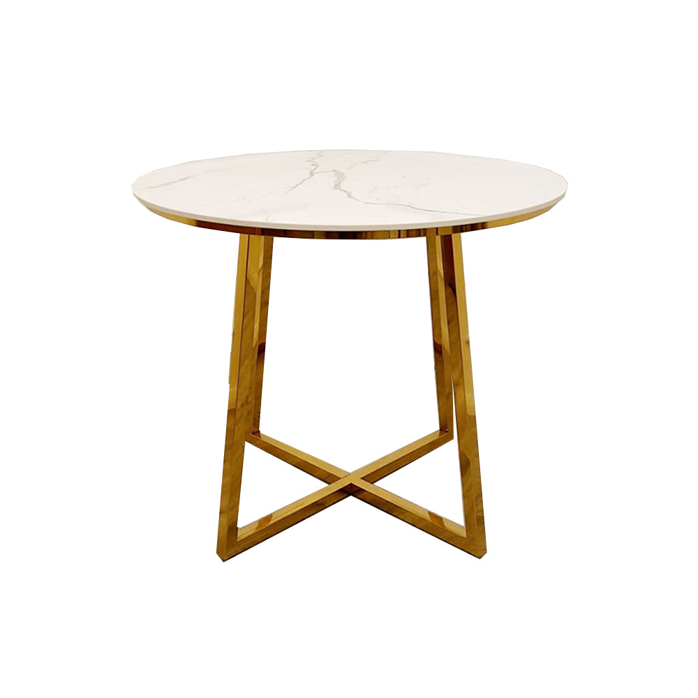 Juno Gold 90cm Round Dining Table with Polar White Sintered Stone Top.