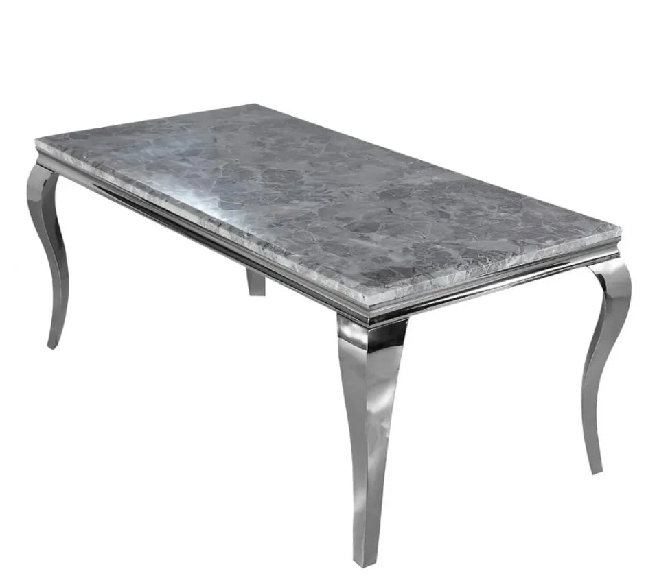 Lewis 1.8 dining table grey marble top and 4 or 6 pink Duke dining chairs