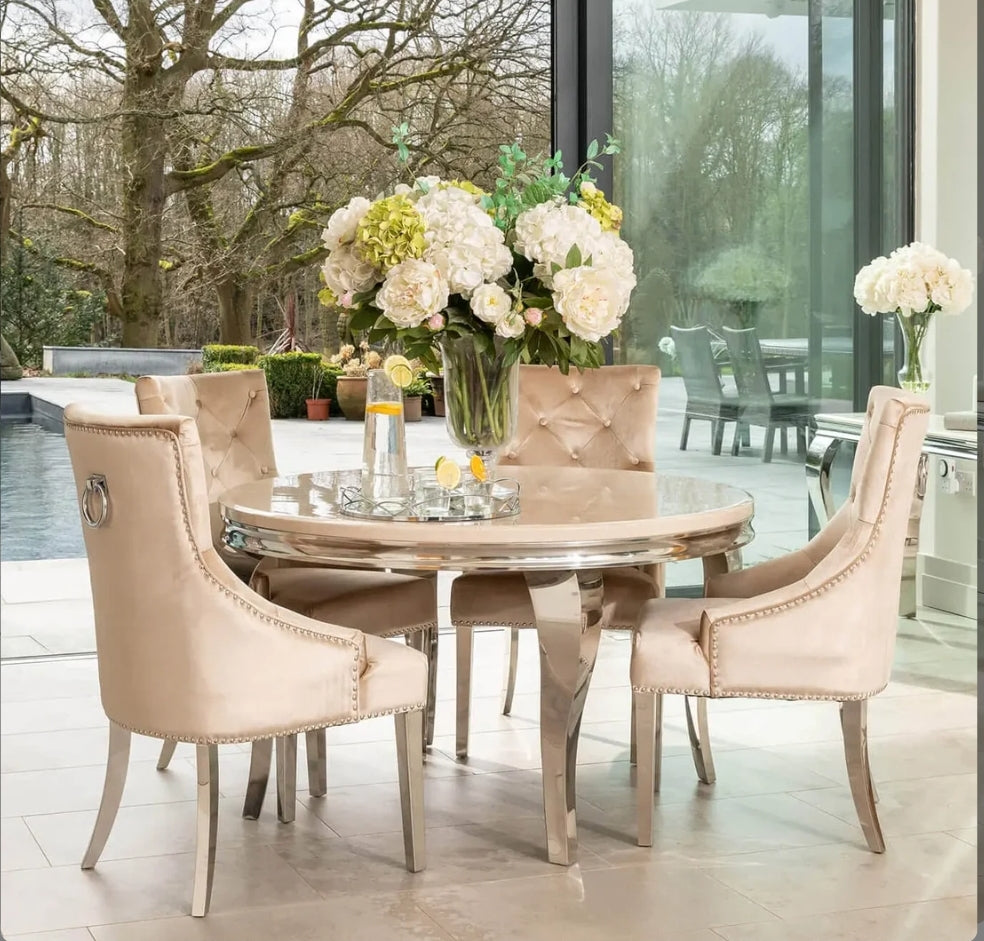 Lewis 1.3 round dining table + 4x champagne Jessica dining chairs