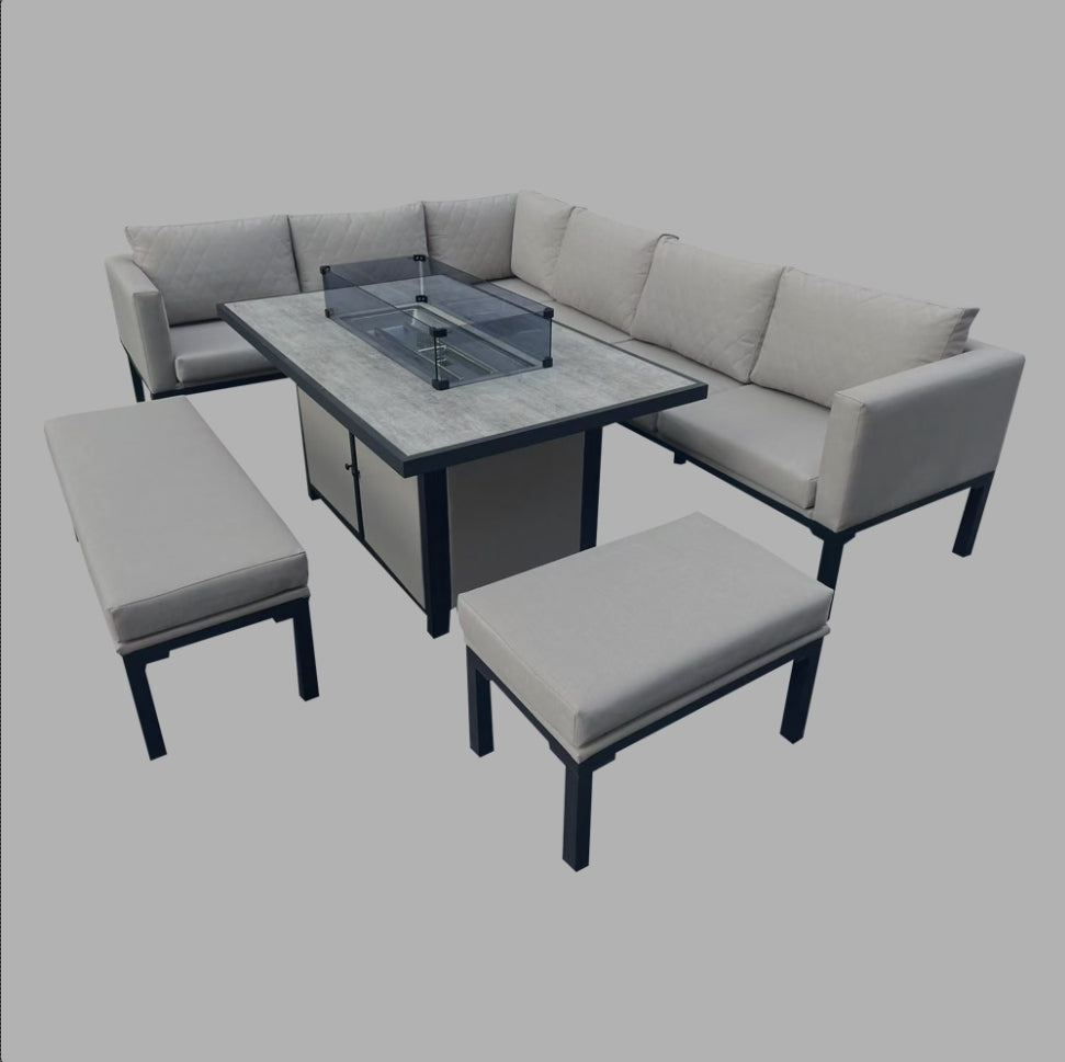 Rio aluminium corner sofa with ceramic firepit dining table - Beige
