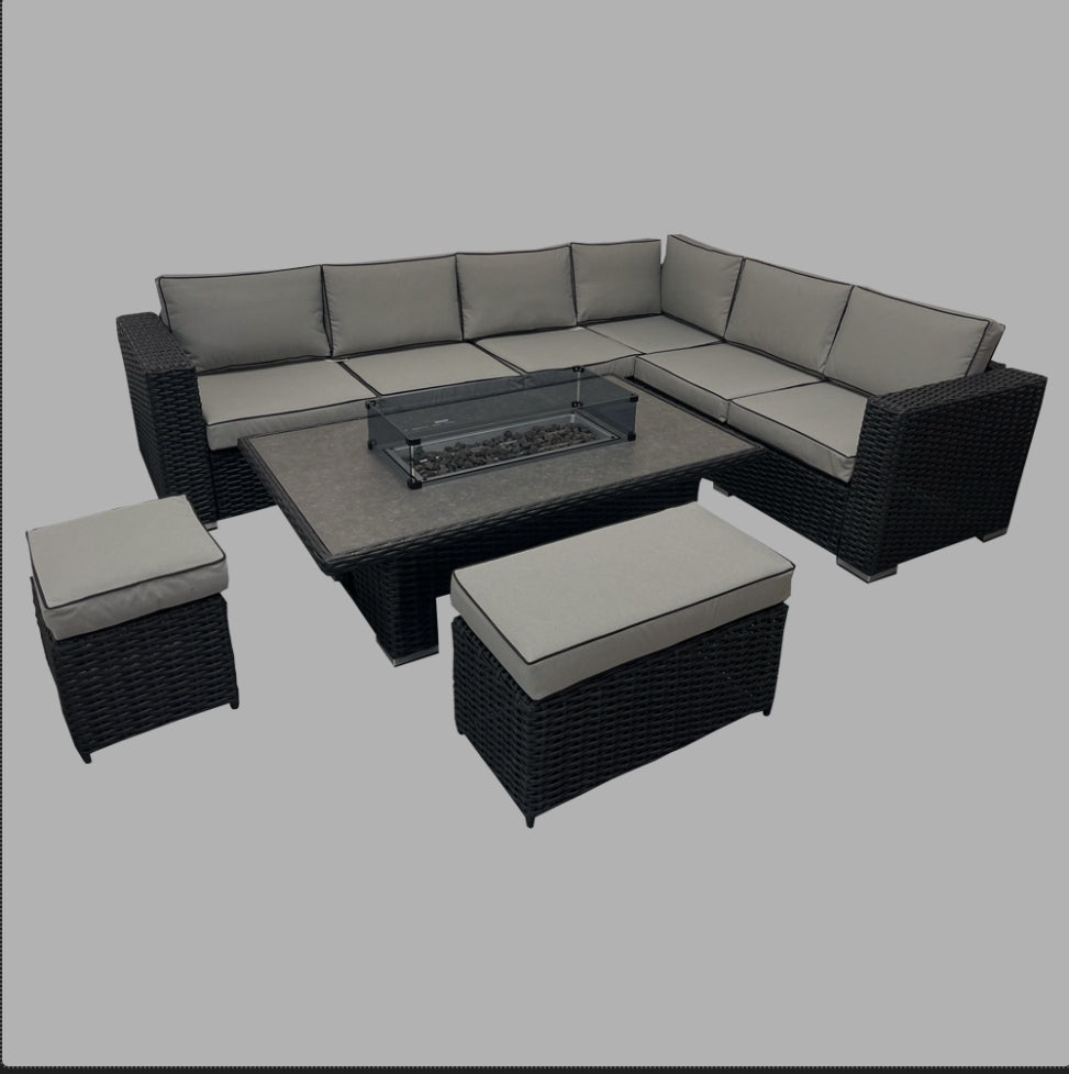 Fraya corner sofa set with rising firepit table- black
