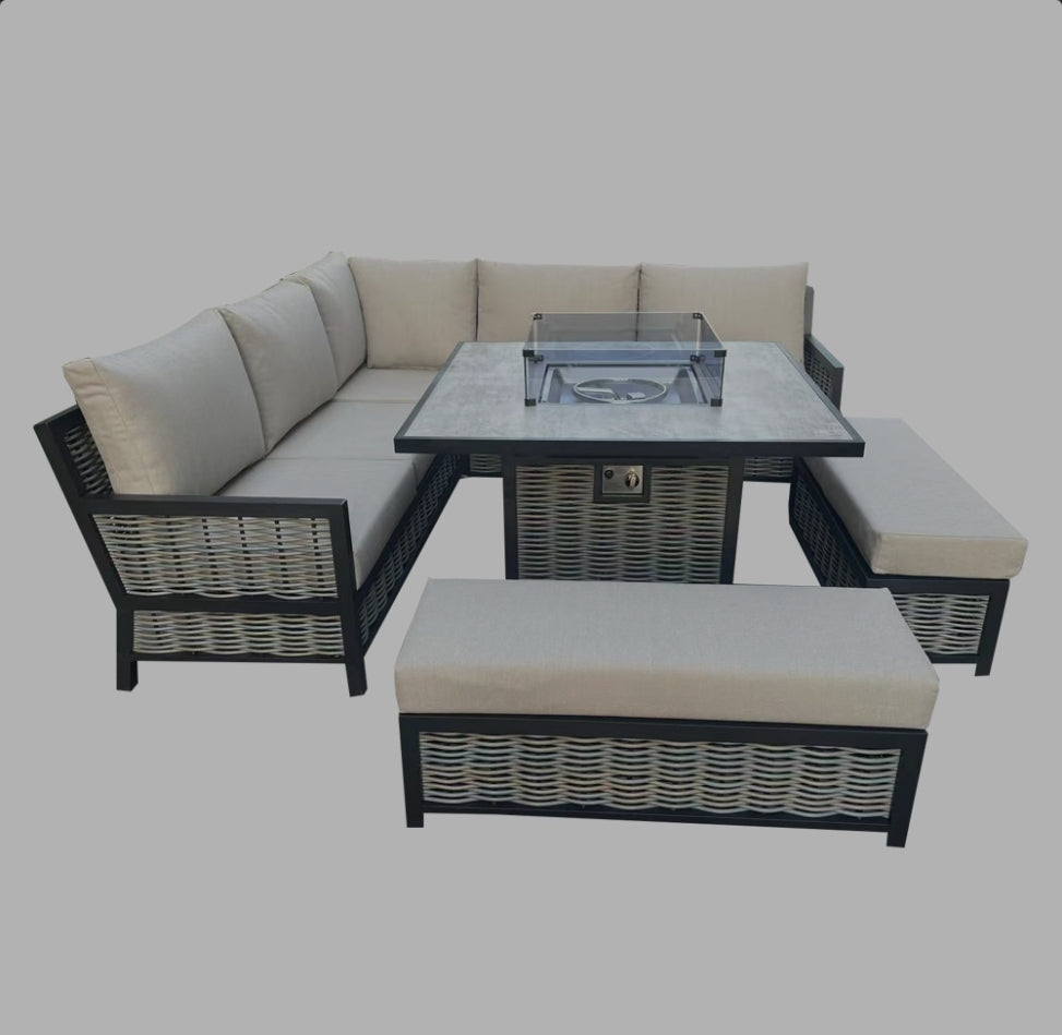 California aluminium corner sofa with square firepit dining table