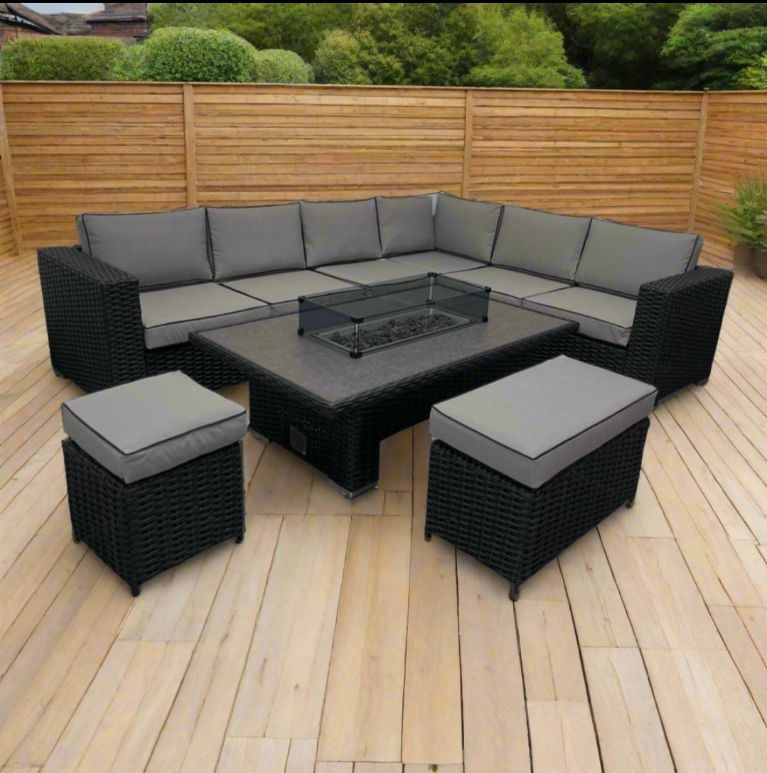 Fraya corner sofa set with rising firepit table- black