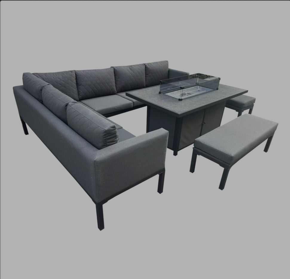 Rio aluminium corner sofa with ceramic firepit dining table - Grey