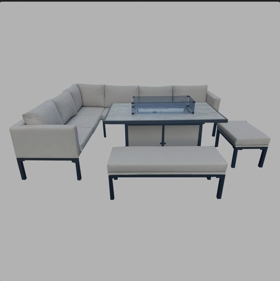 Rio aluminium corner sofa with ceramic firepit dining table - Beige