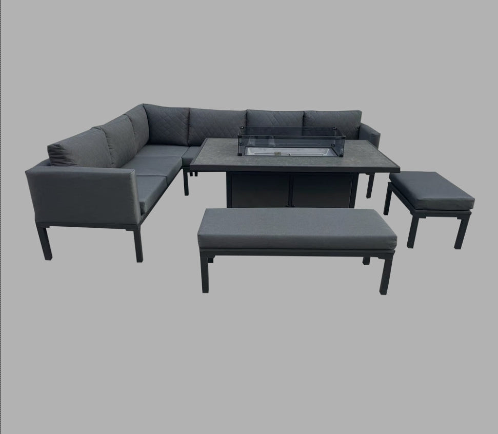Rio aluminium corner sofa with ceramic firepit dining table - Grey