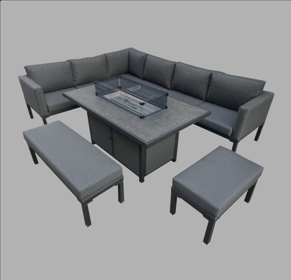 Rio aluminium corner sofa with ceramic firepit dining table - Grey