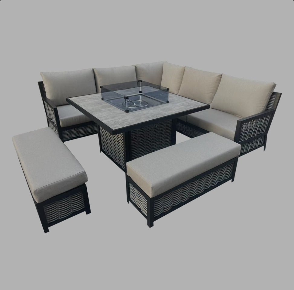 California aluminium corner sofa with square firepit dining table