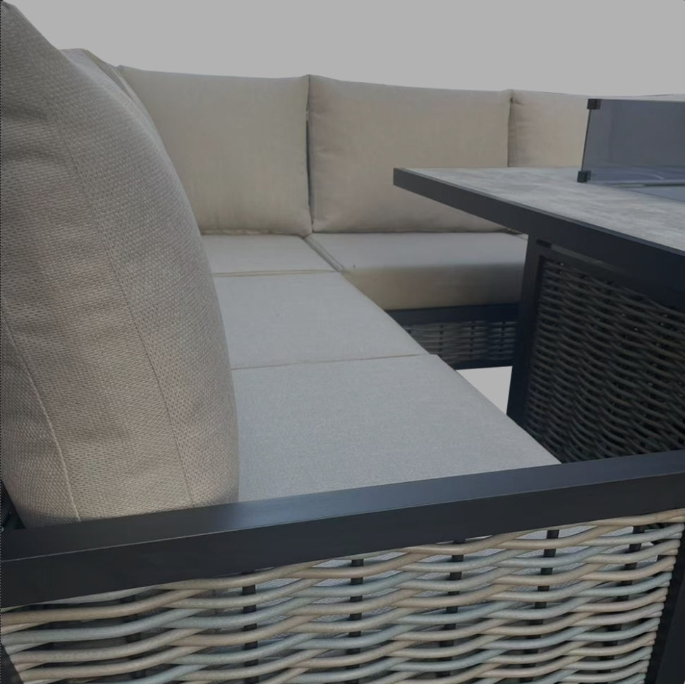 California aluminium corner sofa with square firepit dining table