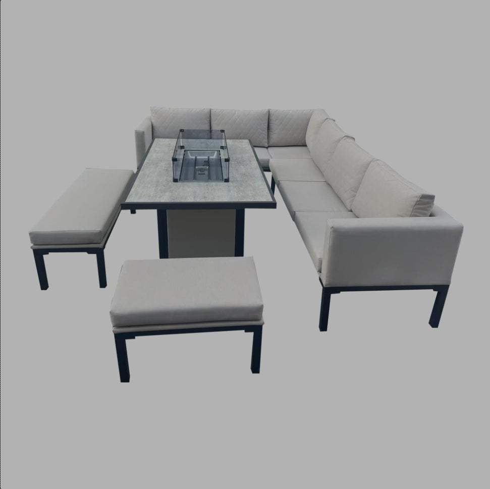 Rio aluminium corner sofa with ceramic firepit dining table - Beige