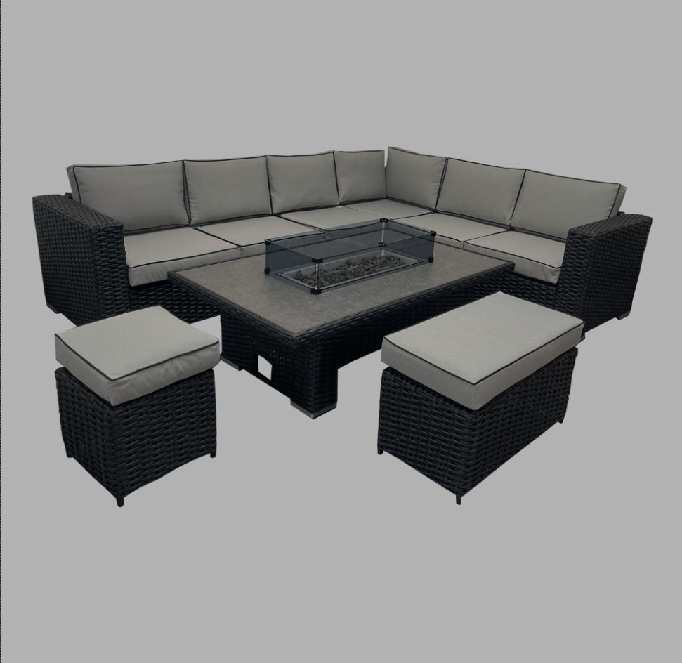 Fraya corner sofa set with rising firepit table- black