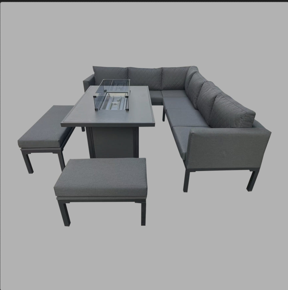 Rio aluminium corner sofa with ceramic firepit dining table - Grey