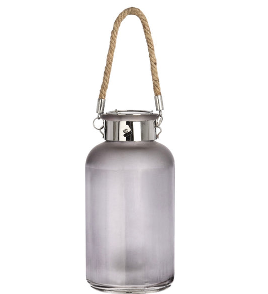 Frosted Grey Glass Lantern with Rope Detail and LED