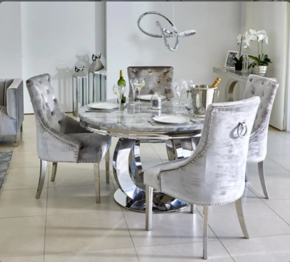 Chelsea 1.3 round dining table with 4 Jessica silver chairs