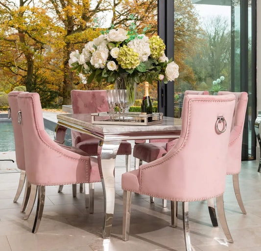 Lewis 1.8 dining table grey marble top and 4 or 6 pink Duke dining chairs