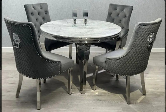 Lewis 1.3 round dining table + 4x dark grey Bentley dining chairs