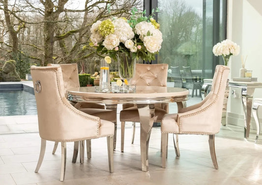 Lewis 1.3 round dining table + 4x champagne Jessica dining chairs