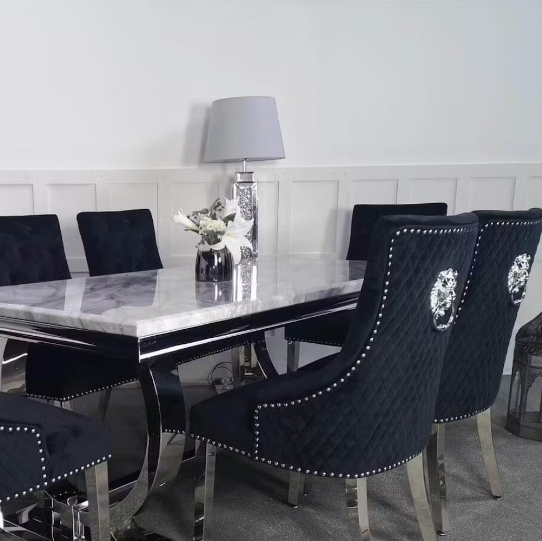 Arriana grey marble dining table with 4/6 Black Bentley chairs