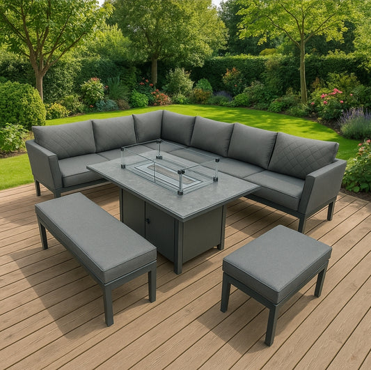 Rio aluminium corner sofa with ceramic firepit dining table - Grey