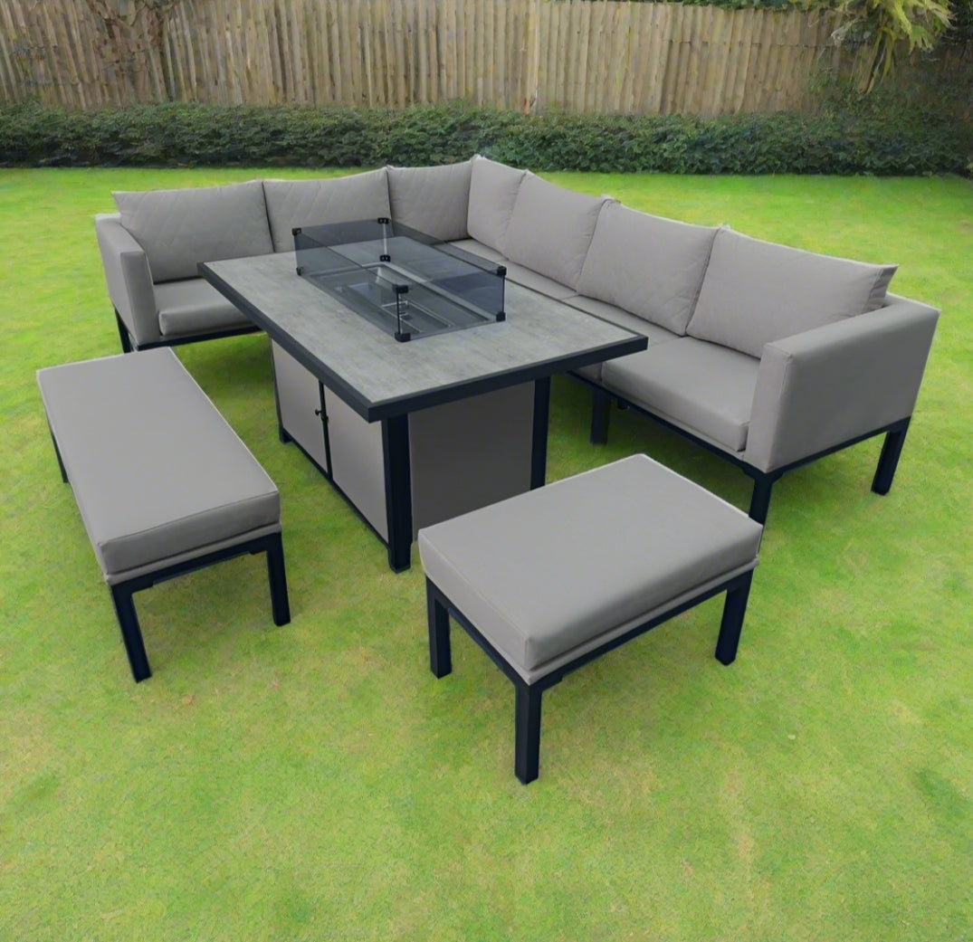 Rio aluminium corner sofa with ceramic firepit dining table - Beige